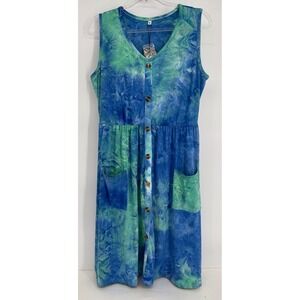 Molerani Womens Tie Dye Button Front V-Neck Midi Dress Blue Green Sz XL NWT